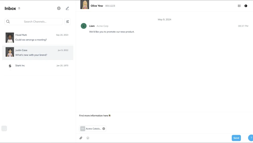 A messaging interface showing conversation history, including messages from Hazel Nutt and Justin Case, with a new message from Liam at Acme Corp.