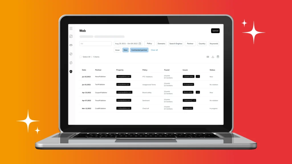 A laptop displaying a web dashboard with a list of advertising partners, policies, issues, and statuses on a vibrant orange-red background.