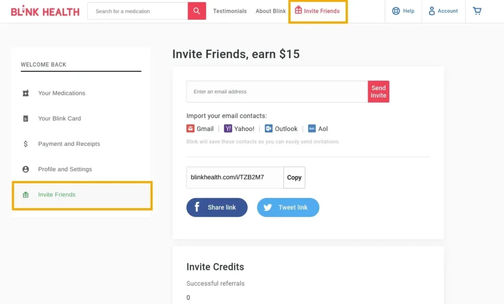 Screenshot of the Blink Health website's "Invite Friends" section, allowing users to send invites and earn credits.