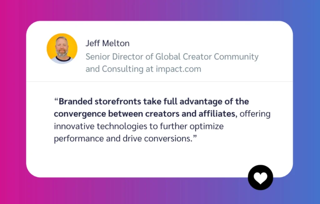 Graphic featuring Jeff Melton, Senior Director at discoverimpact.wpenginepowered.com, discussing the benefits of branded storefronts in affiliate marketing.