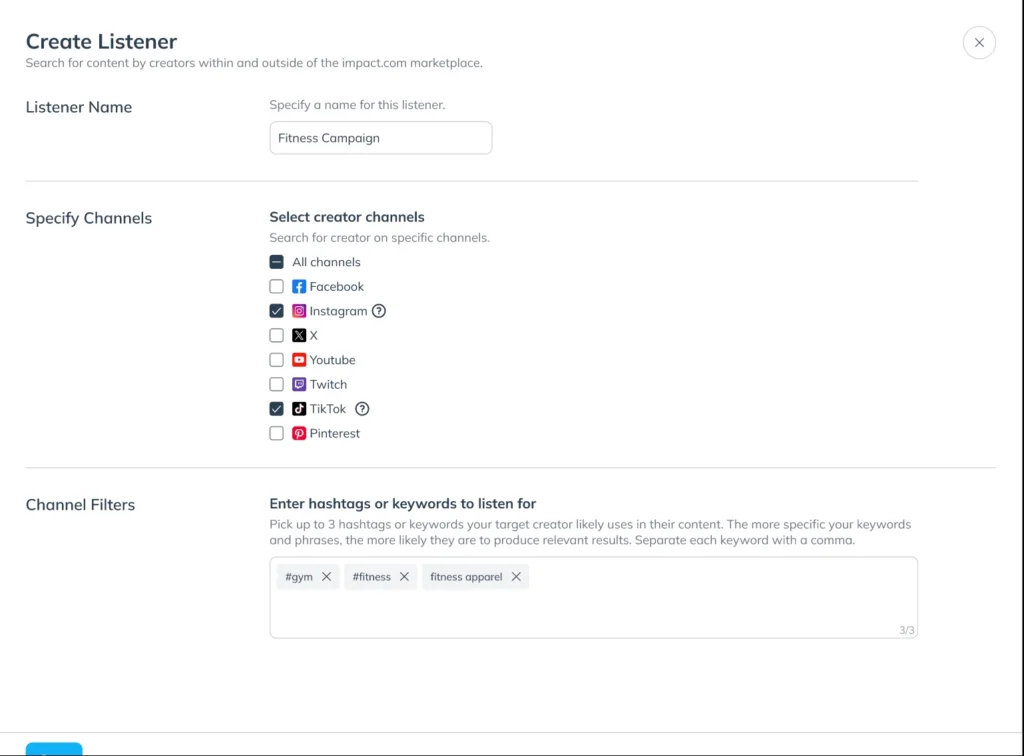 Screenshot of the "Create Listener" form for a Fitness Campaign, featuring options for social media channels and keyword entry.