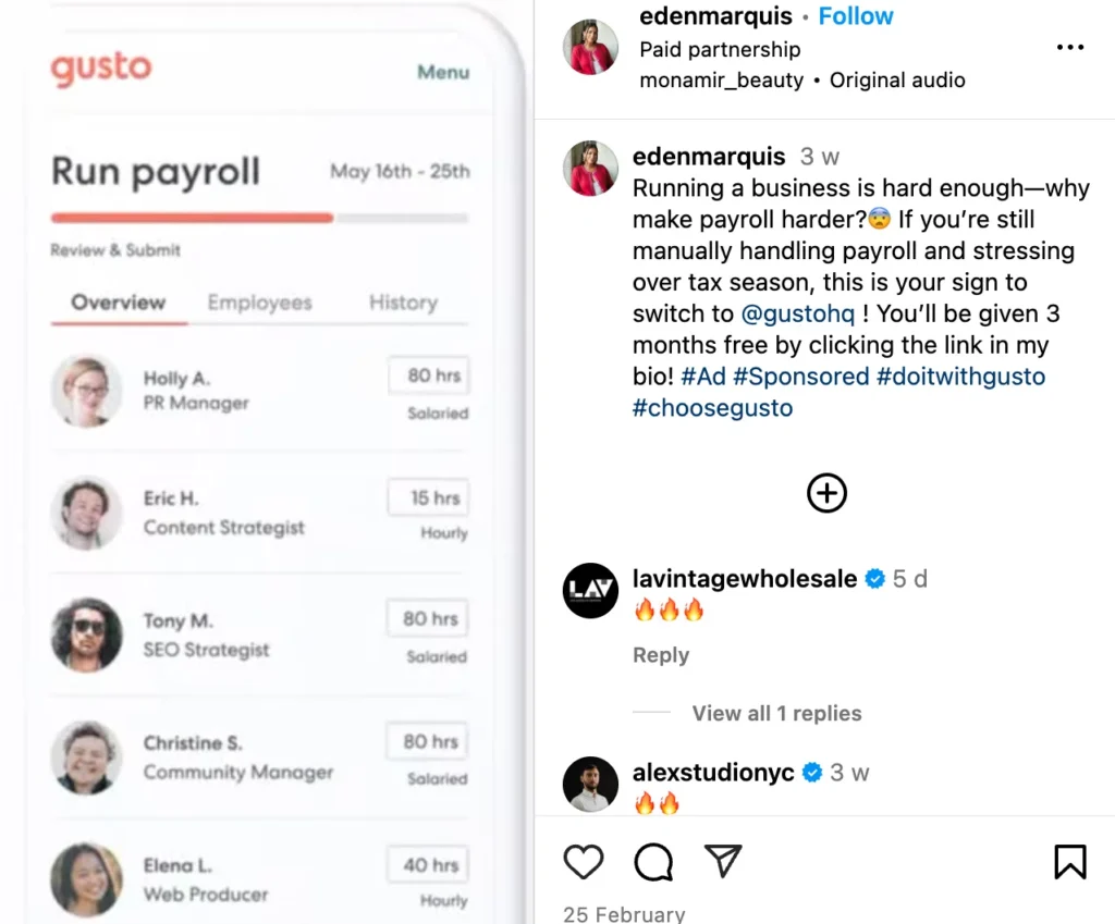 Gusto app interface showing payroll details for employees; highlights hours worked and roles such as PR Manager and Content Strategist.