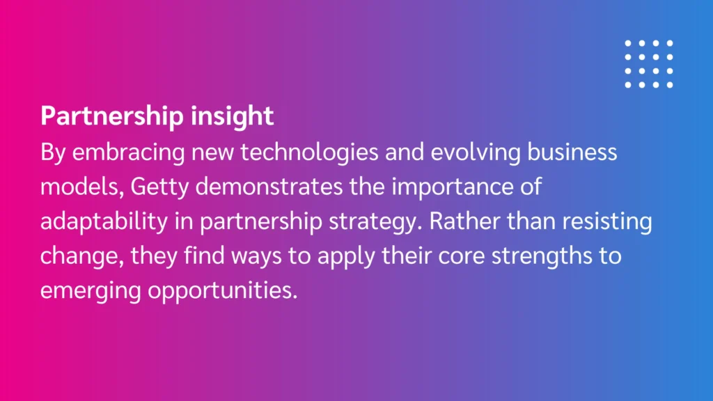 Text on a gradient background discusses Getty's adaptability in partnership strategies amidst evolving technologies and business models.