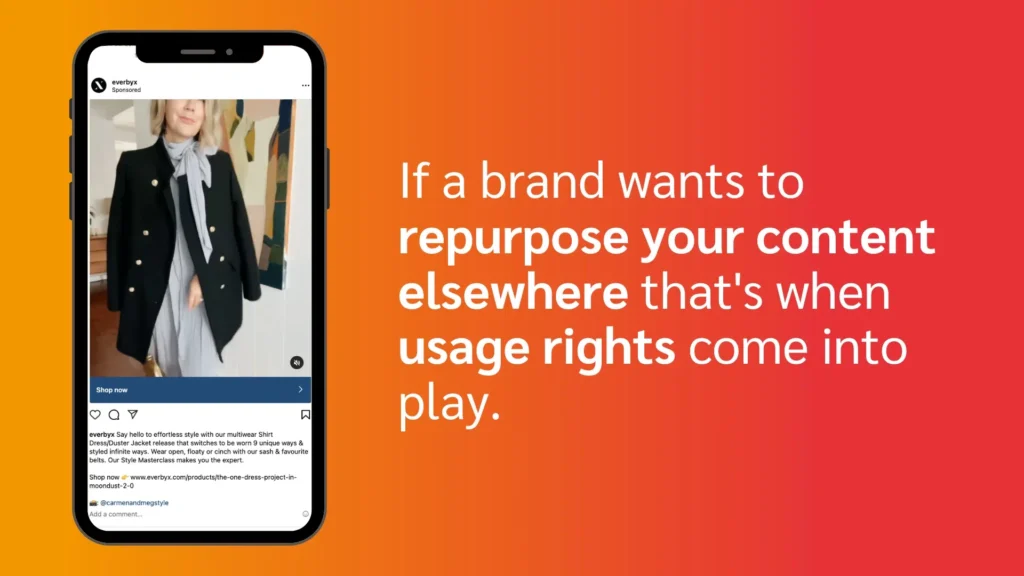 A mobile phone displays a promotional post featuring a stylish black duster jacket, with vibrant orange gradient background.