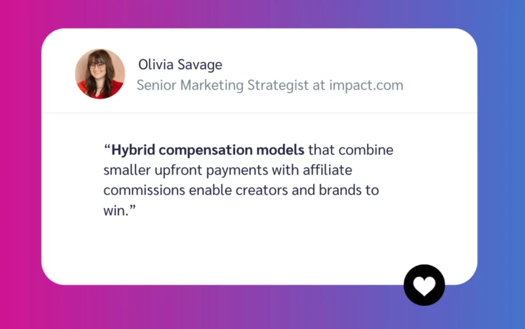 A quote from Olivia Savage, Senior Marketing Strategist, discussing hybrid compensation models for creators and brands, set against a gradient background.