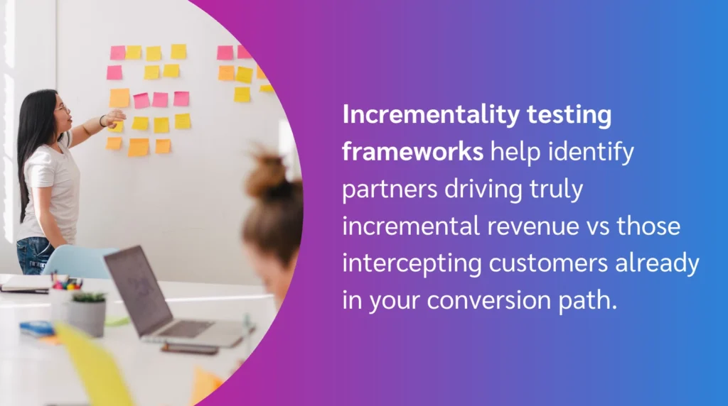 A person stands by a wall covered in colorful sticky notes, discussing incremental revenue strategies in a bright, collaborative workspace.