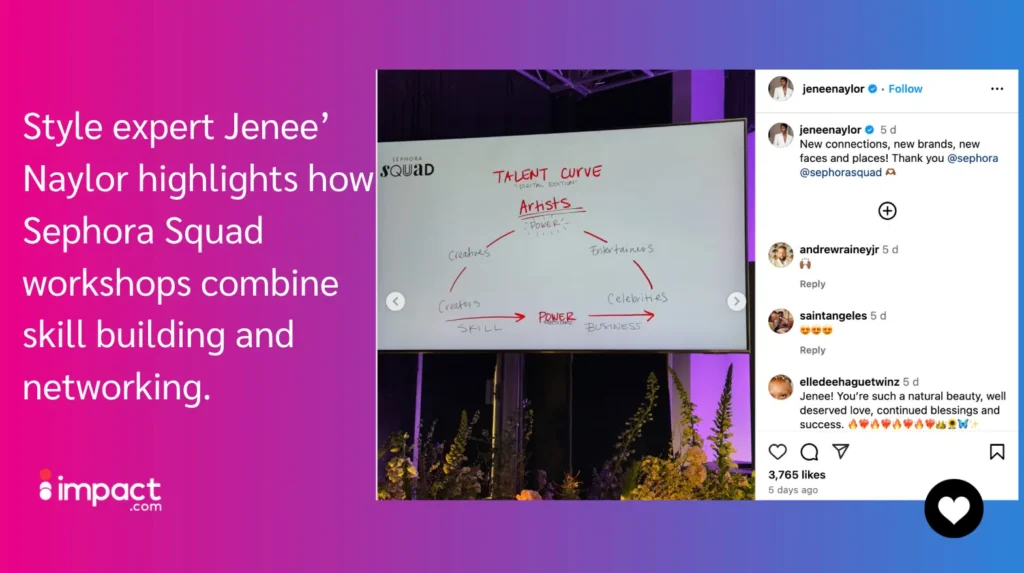 Jenee Naylor presents a chart illustrating the connections between artists, creators, entertainers, and their skills in a Sephora Squad workshop.