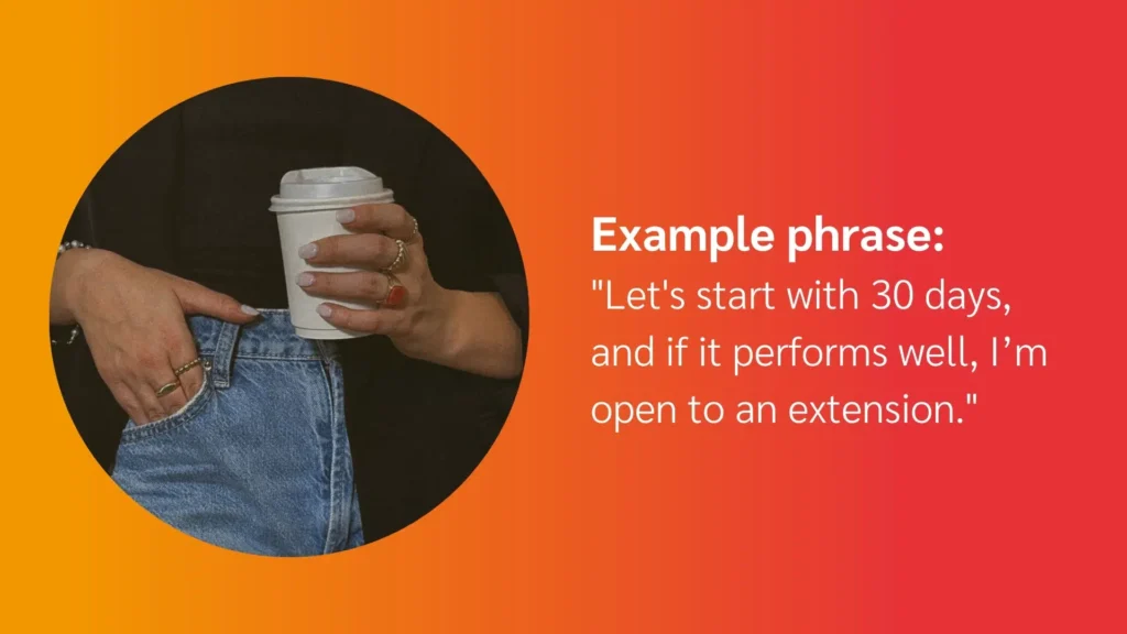 Woman holding a coffee cup, dressed casually with rings on her fingers, alongside a text about negotiating a 30-day agreement.