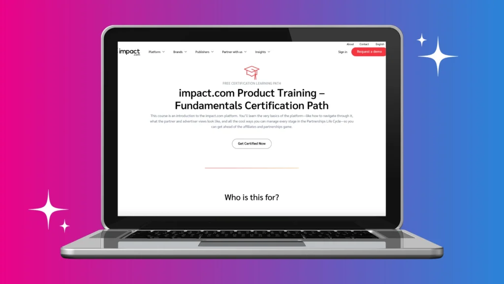A laptop displays the discoverimpact.wpenginepowered.com certification training page, highlighting fundamentals and offering a "Get Certified Now" button.