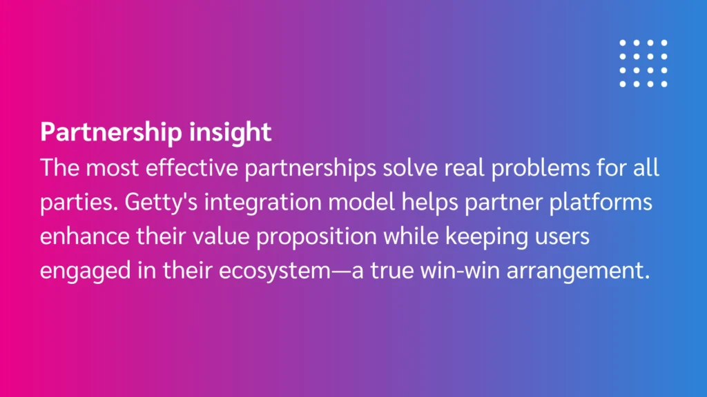 Text on a gradient background discusses effective partnerships and Getty's integration model for enhancing user engagement.