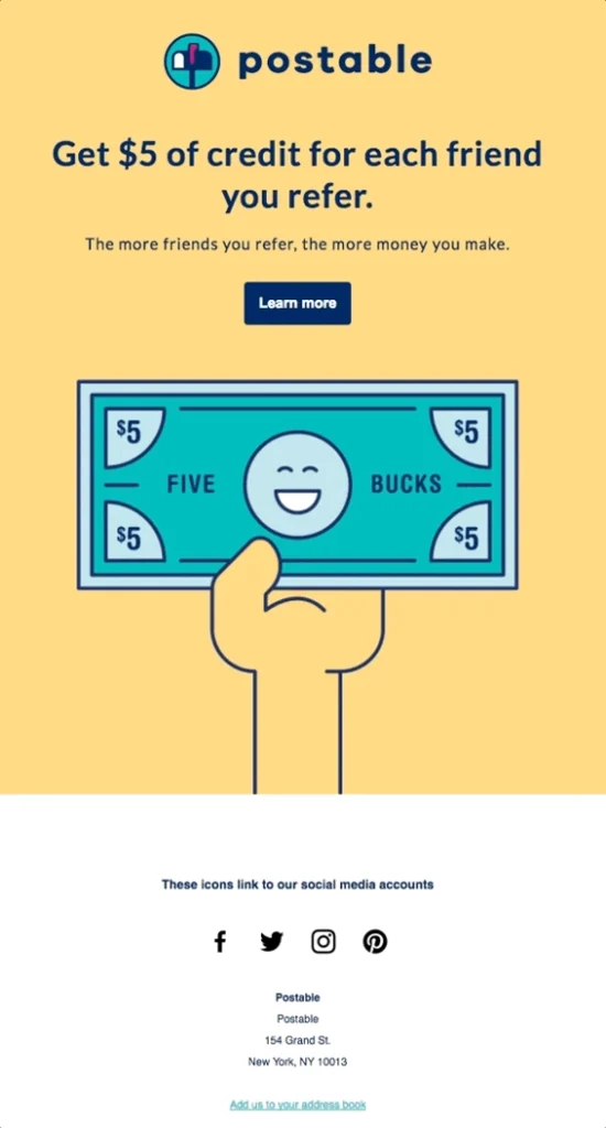 A hand holds a $5 bill with a smiling face, promoting Postable's referral program for earning credits.
