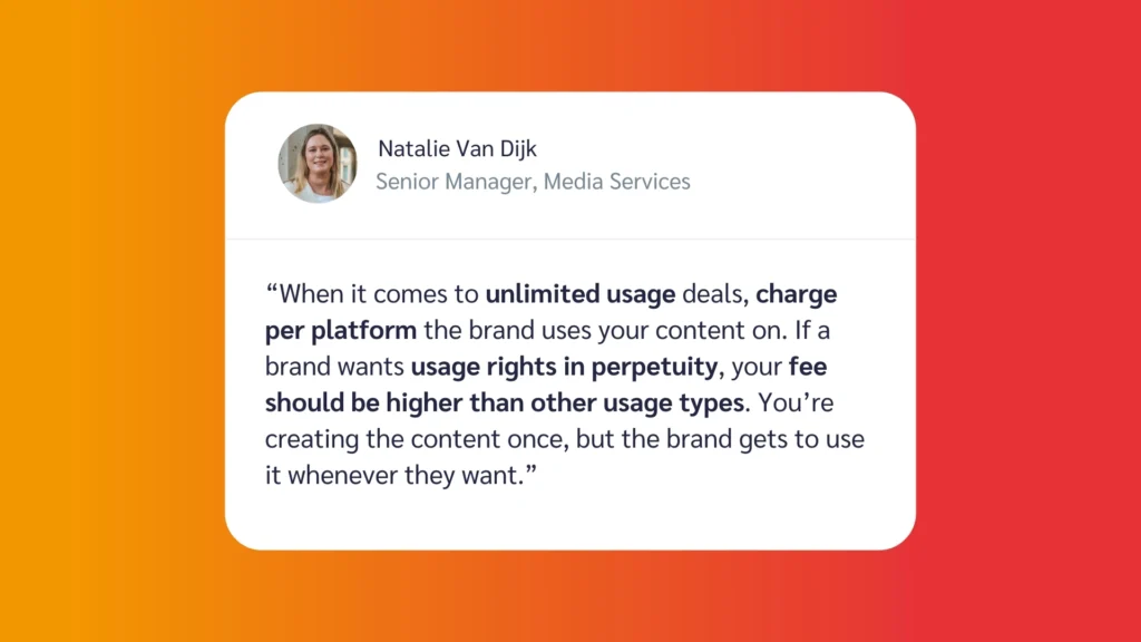 Quote by Natalie Van Dijk on pricing for unlimited usage deals in content creation, highlighting usage rights and fees. Orange gradient background.