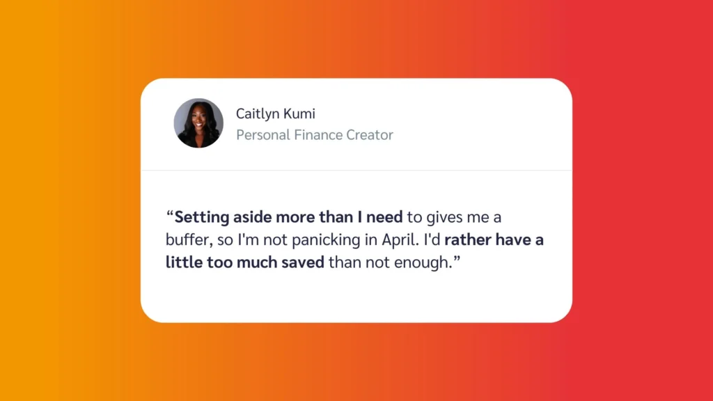 A quote from Caitlyn Kumi, a personal finance creator, discussing the importance of saving money for security and avoiding panic.