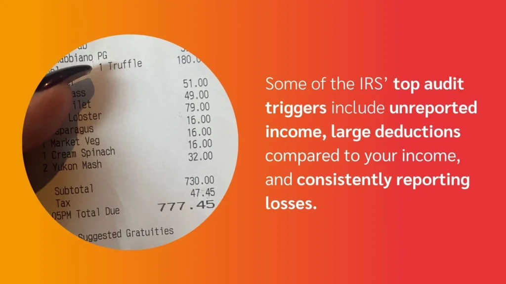A close-up of a restaurant receipt displaying a total of $777.45, alongside text about IRS audit triggers.