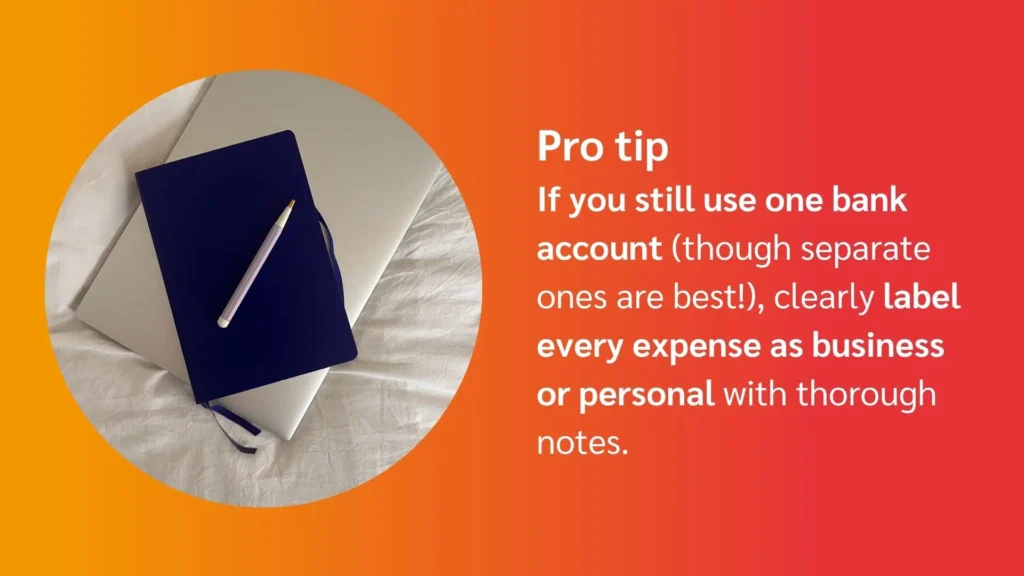 A blue notebook and a pen on a white surface, with tips for labeling business and personal expenses.