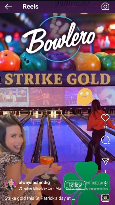 A vibrant bowling alley with colorful bowling balls and a graphic promoting a St. Patrick's Day event, highlighting "Strike Gold."