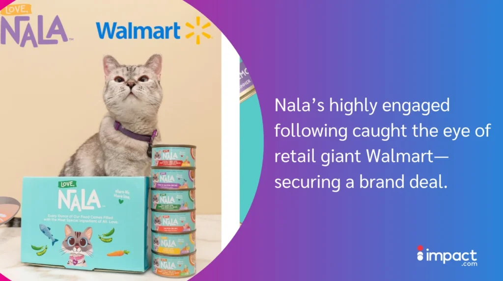 A cat named Nala sits beside a colorful pet food box and cans, promoting her brand collaboration with Walmart.