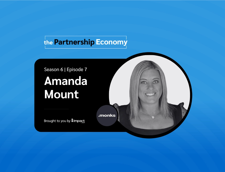 Podcast promotional image featuring Amanda Mount for Season 6, Episode 7 of "The Partnership Economy." Background in blue tones.