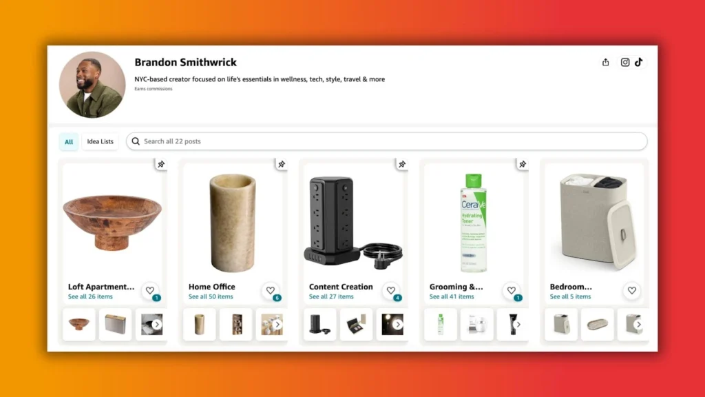Brandon Smithwick's profile showcasing curated item lists for home decor, office essentials, and grooming products on a gradient background.