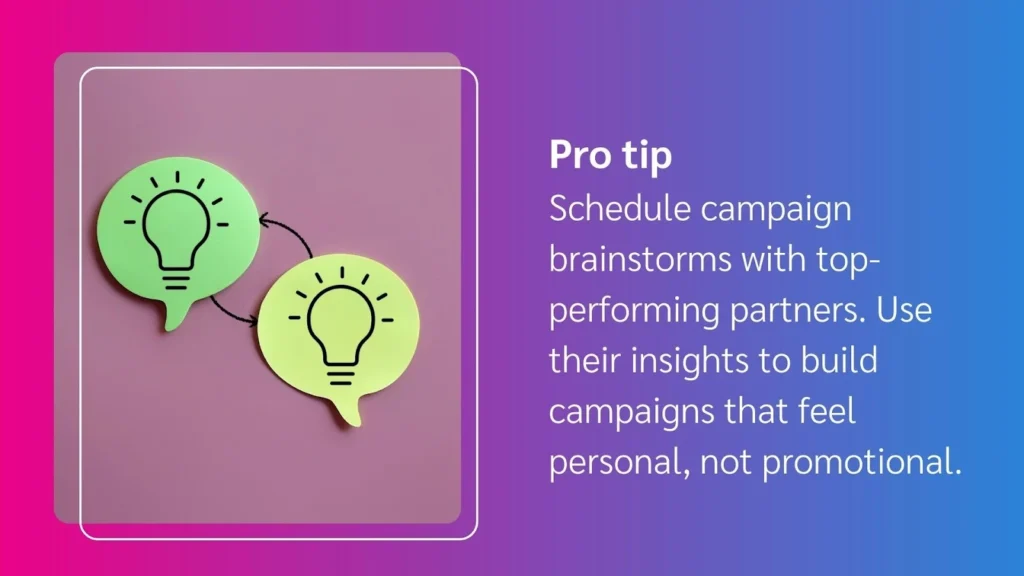 Two green lightbulb icons connected by a line, with a purple background and text advising campaign brainstorming strategies.