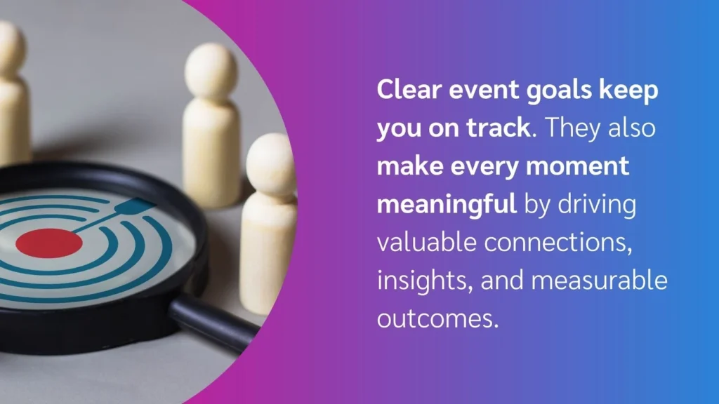 A target with a dart in the center surrounded by wooden figures, symbolizing goal achievement and meaningful connections in events.