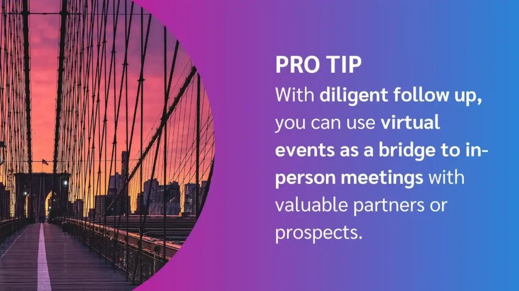 A sunset view from a bridge with city skyline; text advises using virtual events for in-person meetings with partners.