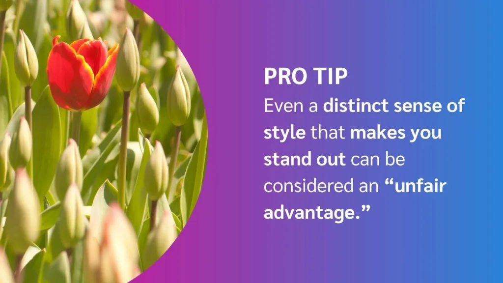 A vibrant red tulip stands out among green buds, accompanied by a text tip about the benefits of having a unique style.