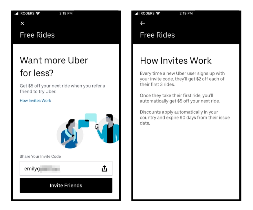 Two smartphone screens illustrate Uber's referral program, offering discounts for inviting friends.