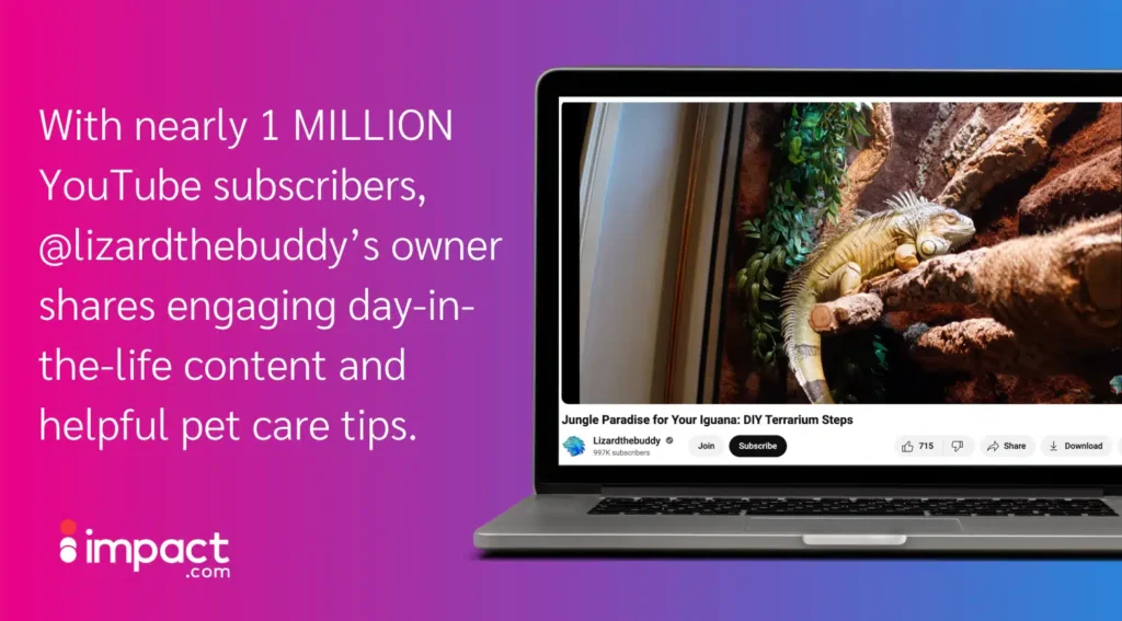 A laptop displays a YouTube video featuring a pet iguana in a terrarium, promoting the channel @lizardthebuddy with nearly 1 million subscribers.