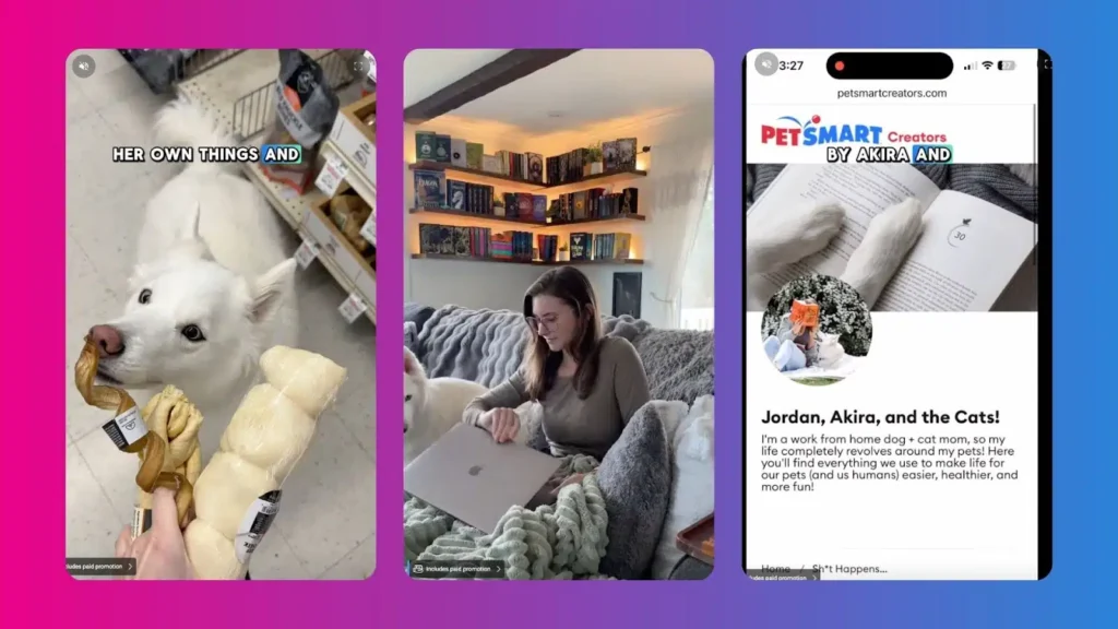 A white dog holds a chew toy in a store, while a woman works on a laptop at home with bookshelves in the background.