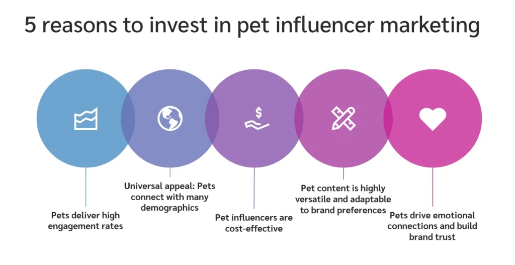 Infographic listing five reasons to invest in pet influencer marketing, highlighting engagement, demographics, cost-effectiveness, versatility, and trust.