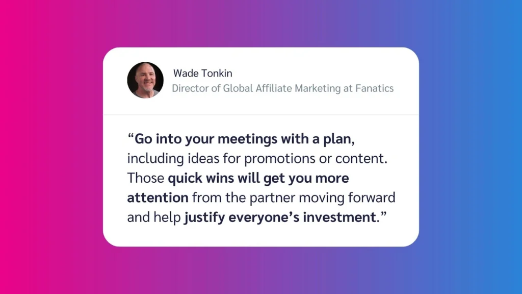 Quote by Wade Tonkin, Director at Fanatics, emphasizing the importance of planning and quick wins in meetings. Background fades from pink to blue.