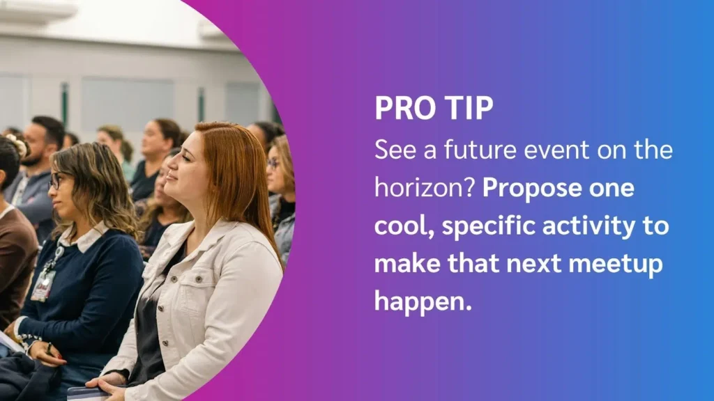 A group of people seated, focused on a presentation, with a colorful graphic displaying tips for organizing future events.