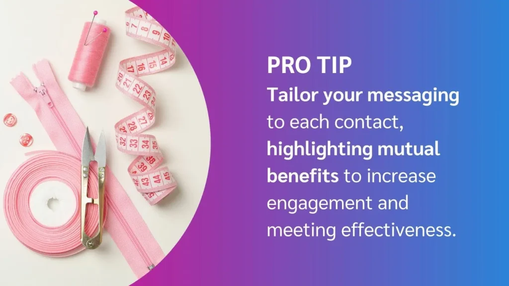 A flat lay of pink sewing supplies, including thread, scissors, measuring tape, and zipper, illustrated with a pro tip for effective communication.