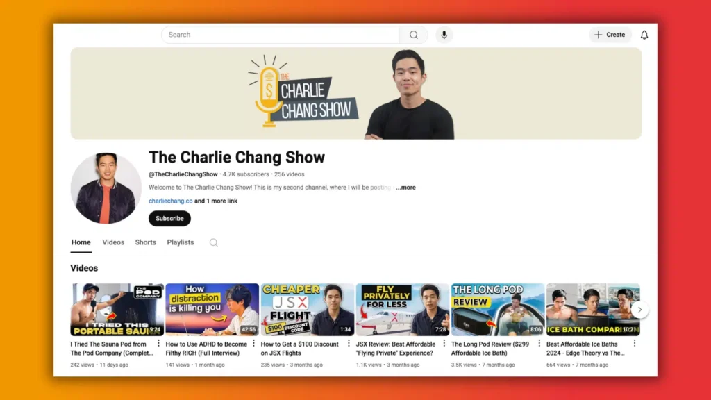 YouTube channel homepage for The Charlie Chang Show, featuring various video thumbnails and notable subscriber count.