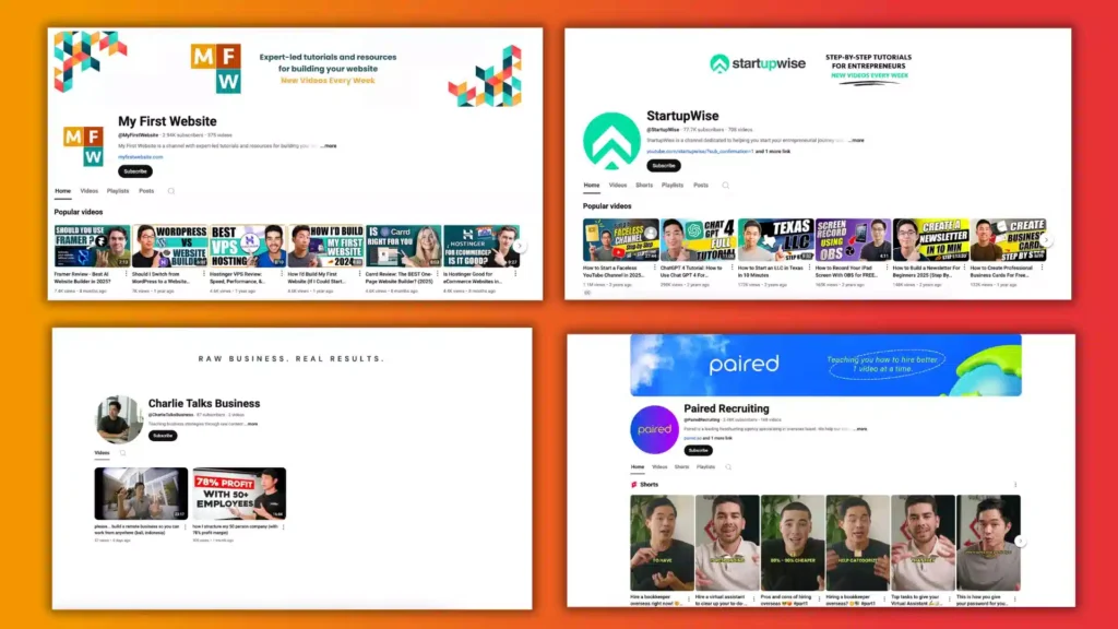 A collage of YouTube channel layouts featuring tutorials on website building, entrepreneurship, and business recruitment.