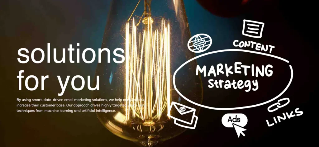 A glowing lightbulb with handwritten marketing terms like "Content," "Ads," and "Links" highlights data-driven marketing solutions.