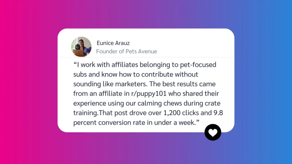A quote from Eunice Arauz, founder of Pets Avenue, discussing successful affiliate marketing in the pet-food industry. Gradient background.