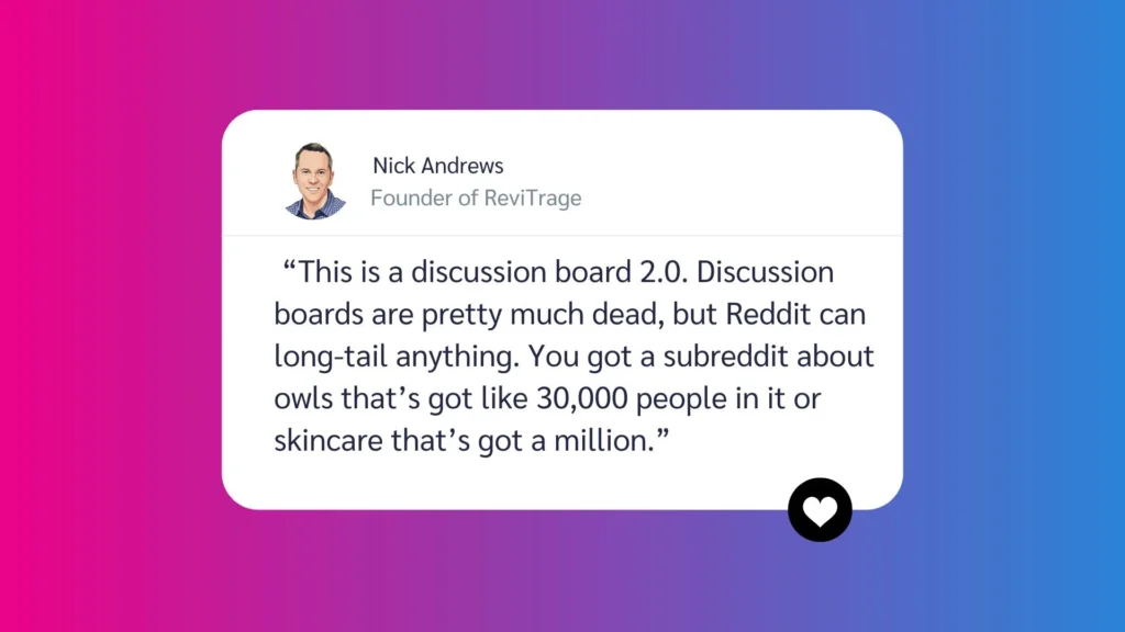 Quote from Nick Andrews, founder of ReviTrage, discussing the evolution of discussion boards and Reddit's community dynamics.