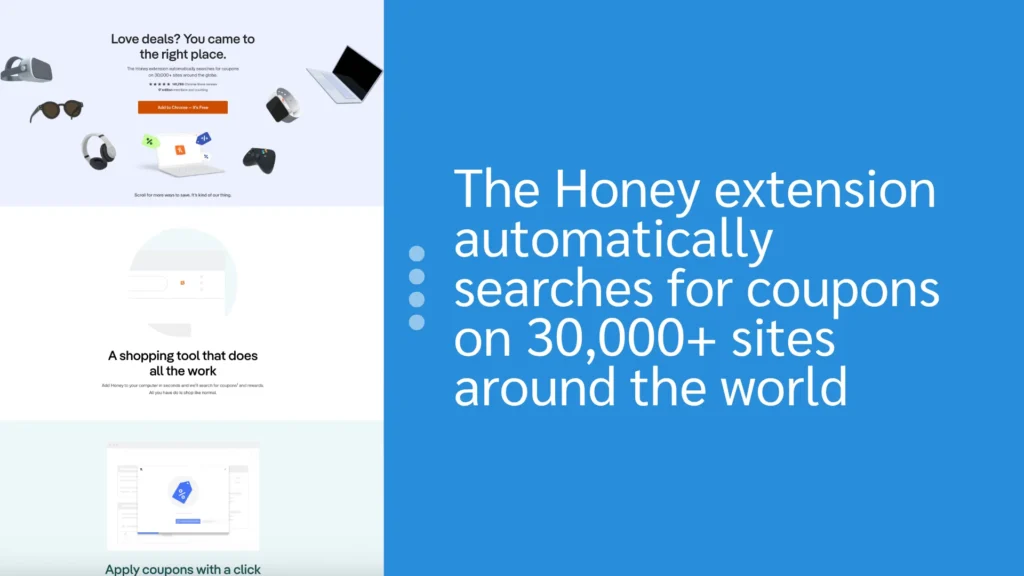 Promotional image for the Honey extension, showcasing its coupon search capabilities across 30,000+ websites globally.