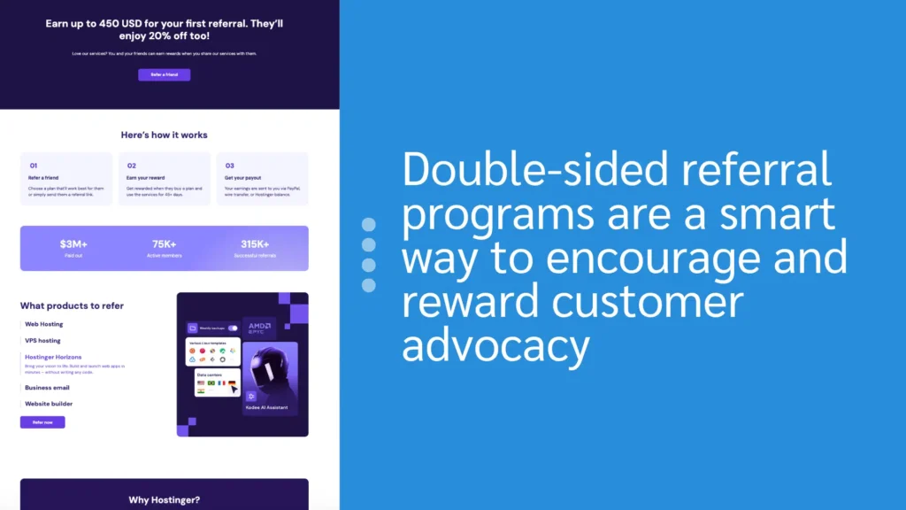 Image of a referral program webpage detailing earnings, rewards, and product offerings in a visually appealing layout.