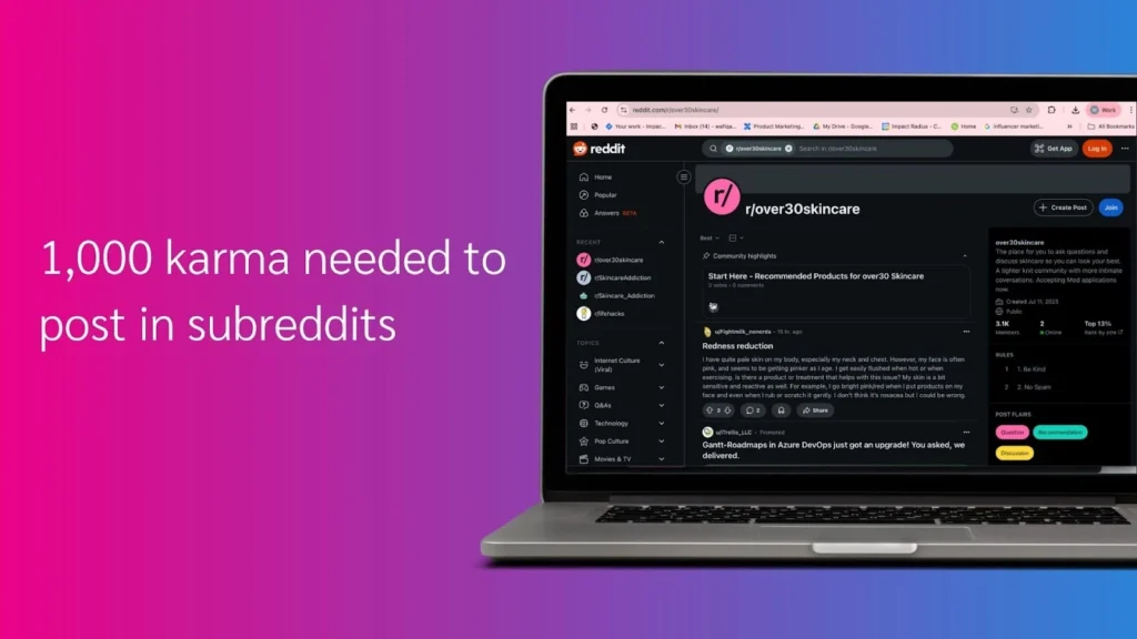 Laptop displaying a Reddit page for the subreddit r/over30skincare, with a note stating "1,000 karma needed to post in subreddits."